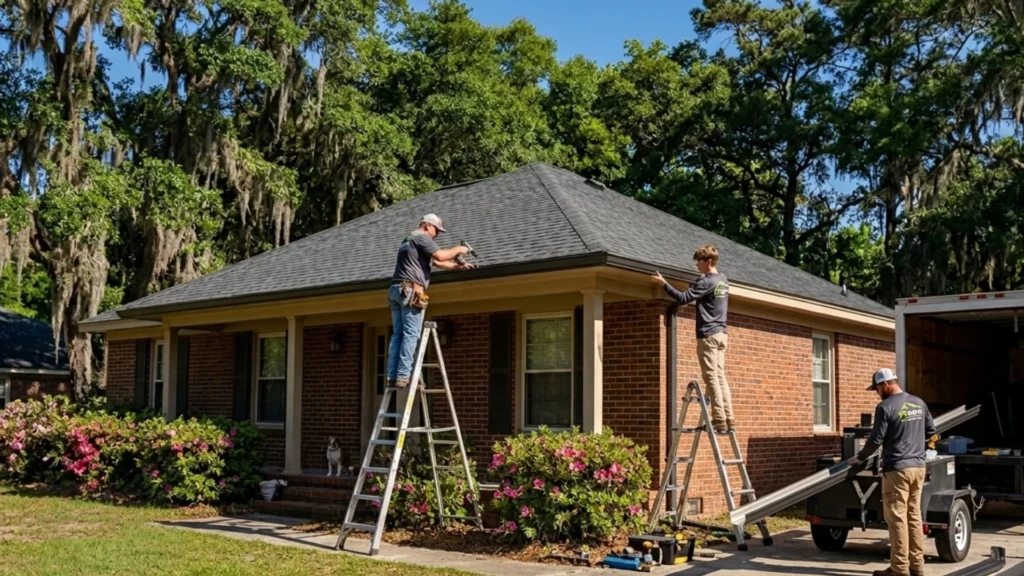 generate an image where a team is working on gutter installation in a residential property of valdosta ga